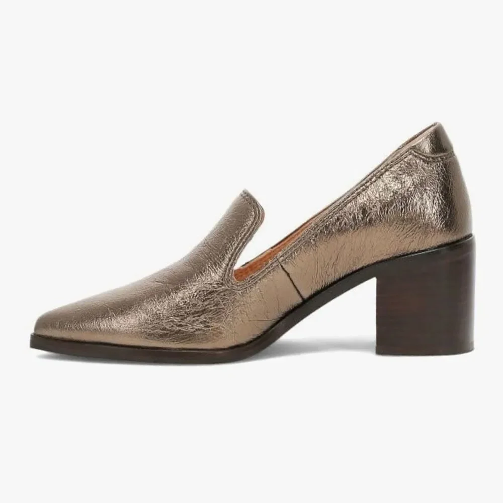 NWT Frye Pointed Toe Leather Sadie Venetian Block Heel Loafers Bronze Size 11M
